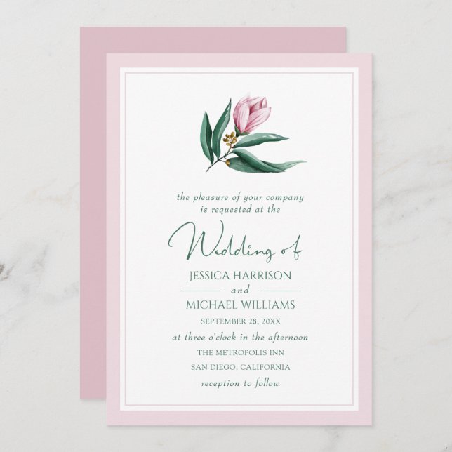 Invitación Elegante Boda simple de la flor de Magnolia Polvor (Anverso / Reverso)