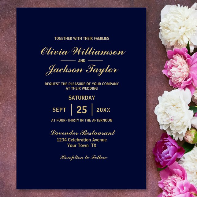 Invitación Elegante Boda simple de oro azul de la Marina (Subido por el creador)
