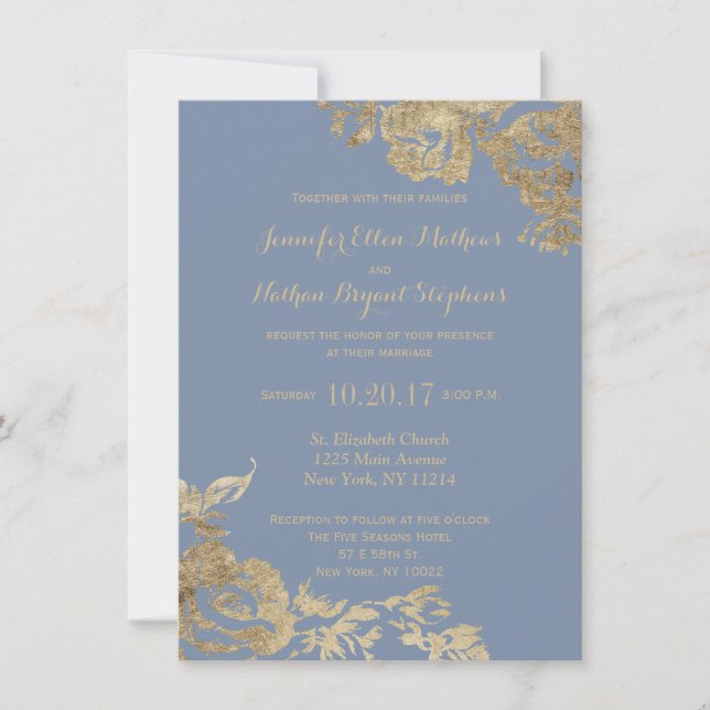Invitación Elegante Boda simple dorado de flores azules turbi (Anverso)