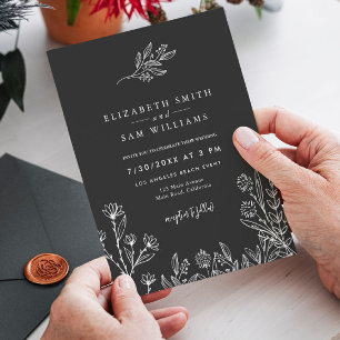 Invitación Elegante Boda simple floral negro mínimo