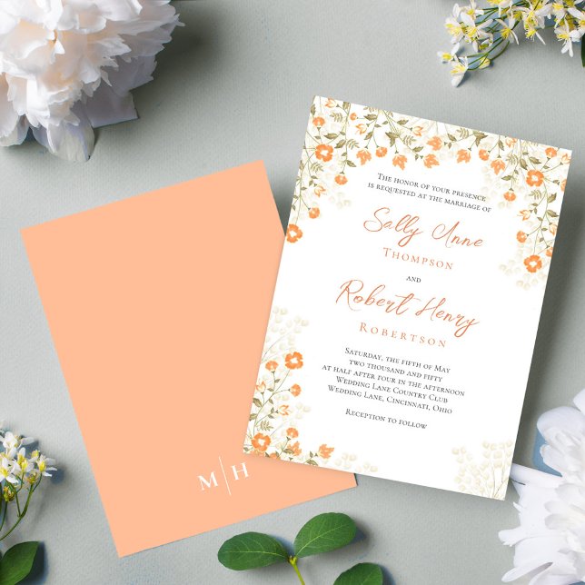 Invitación Elegante Boda Simple Peach Floral (Elegant peach floral wedding invitation with a monogram on the backside. )