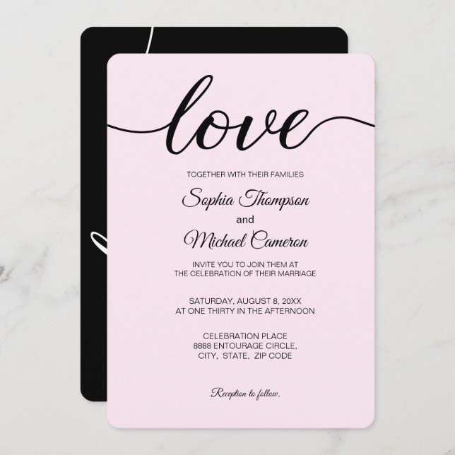 Invitación Elegante Boda simple rosa negro y blanco (Anverso / Reverso)