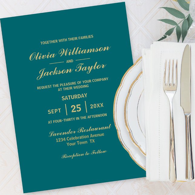 Invitación Elegante Boda simple Verde azulado de oro (Subido por el creador)