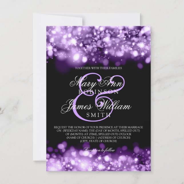 Invitación Elegante Boda Sparkling Luces Púrpura (Anverso)