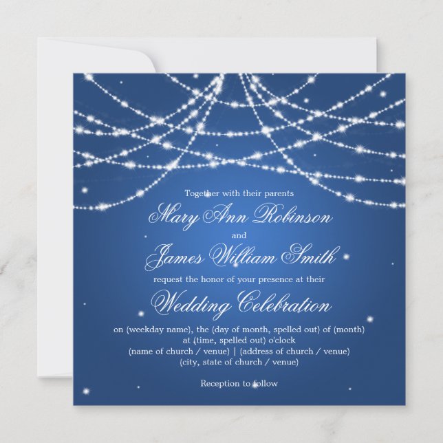 Invitación Elegante Boda Sparkling String Azul (Anverso)