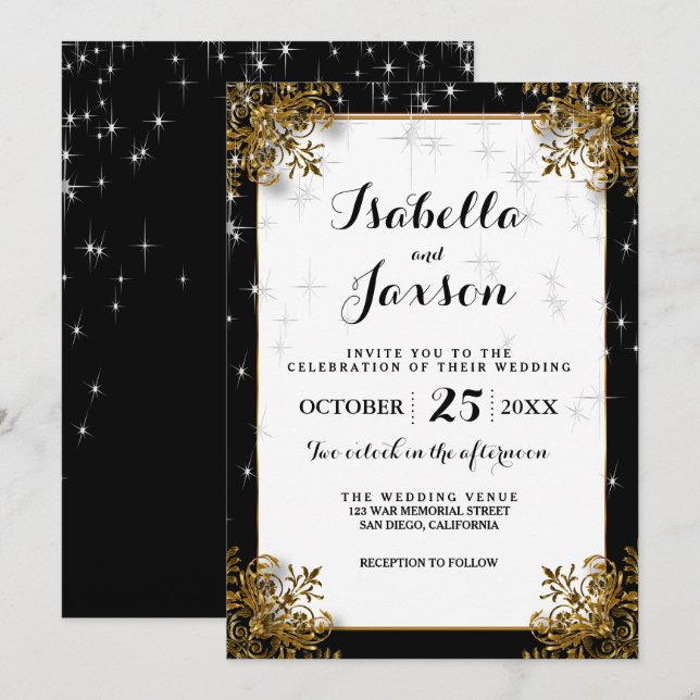 Invitación Elegante Boda Starry Night en negro y oro (Anverso / Reverso)