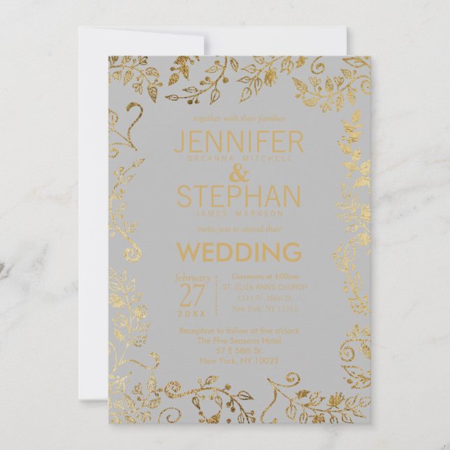 Invitación Elegante Boda suave gris y amarillo dorado floral (Anverso)