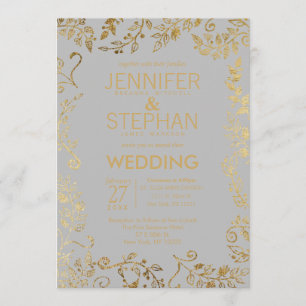 Invitación Elegante Boda suave gris y amarillo dorado floral
