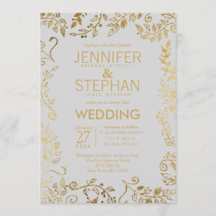 Invitación Elegante Boda suave gris y dorado amarillo floral