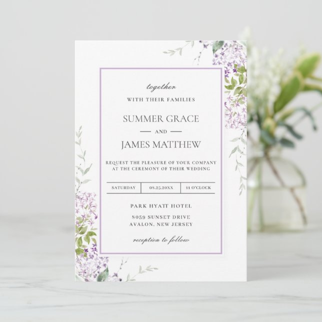 Invitación Elegante Boda suave Lilac Morado Floral Verdor  (Anverso de pie)
