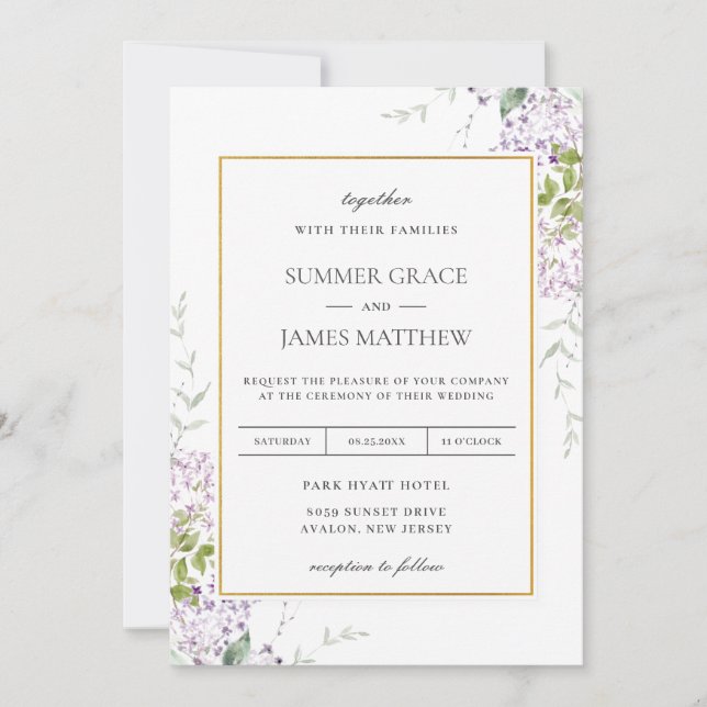Invitación Elegante Boda suave Lilac Purple Floral de vegetac (Anverso)