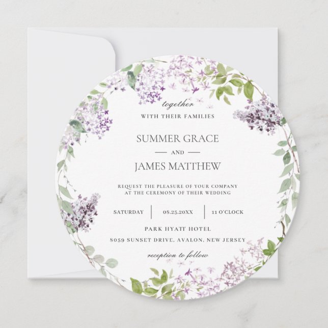 Invitación Elegante Boda suave Lilac Purple Floral de vegetac (Anverso)