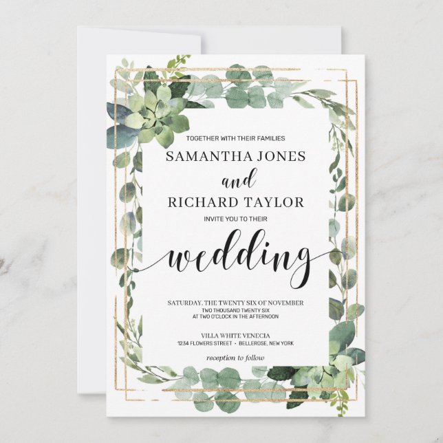 Invitación Elegante boda suculento de marco geométrico dorado (Anverso)