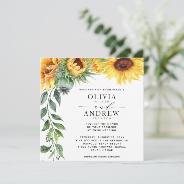 Invitación Elegante Boda Sunflower Moderno de acuarela (Anverso de pie)