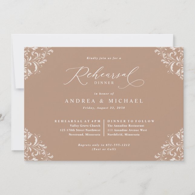 Invitación Elegante Boda Taupe Beige Cena de Ensayos (Anverso)