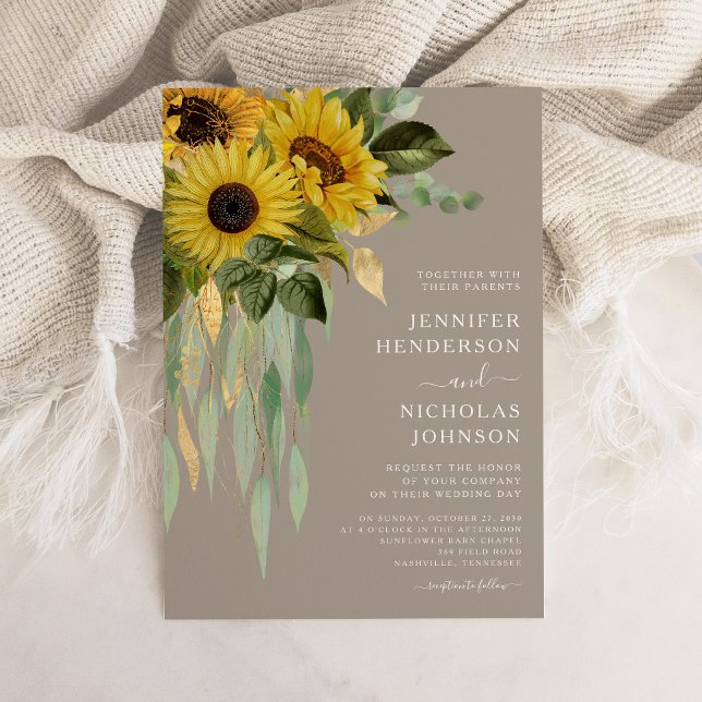 Invitación Elegante Boda Taupe Floral Sunflowers (Elegant Floral Sunflowers Eucalyptus Wedding Invitation)