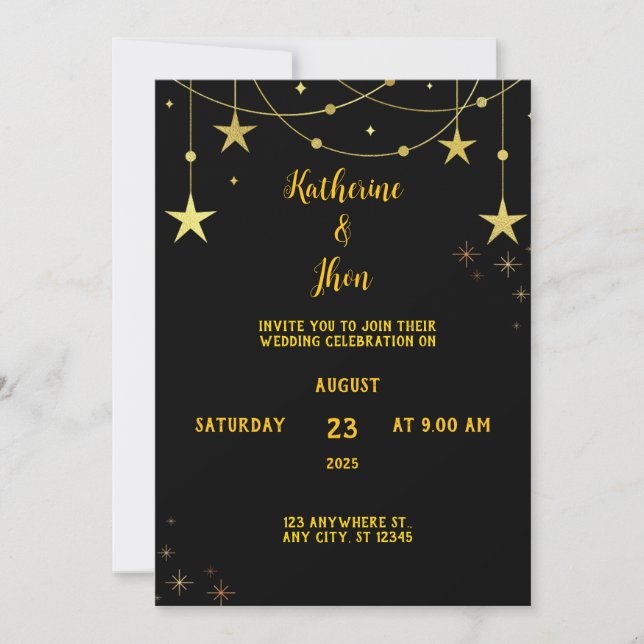 Invitación Elegante Boda temática de celebración de negro y o (Anverso)