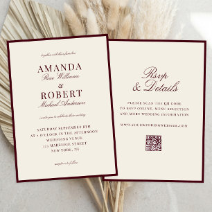 Invitación Elegante Boda Todo En Uno Burgundy Old Money