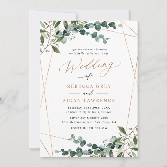 Invitación Elegante Boda Todo en Uno Código QR Verde Dorado (Anverso)