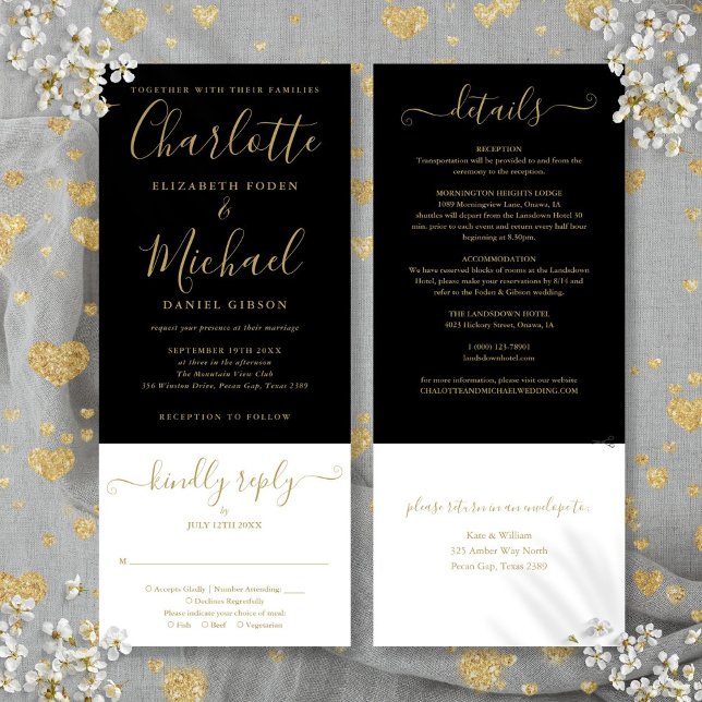 Invitación Elegante boda todo en uno con guión negro y dorado (Elegant Black And Gold Script All In One Wedding Invitation)