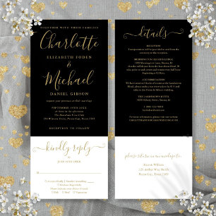 Invitación Elegante Boda Todo En Uno Con Letra Negra Y Dorada