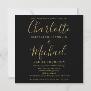 Invitación Elegante Boda Todo en Uno con Letra Negra y Dorada
