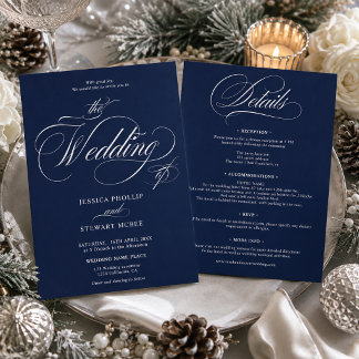 Invitación Elegante Boda Todo en Uno con Letra Script en Azul