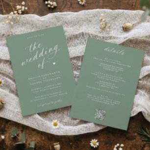Invitación Elegante Boda Todo en Uno con Letra Script Verde S