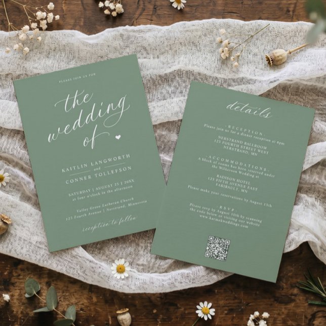 Invitación Elegante Boda Todo en Uno con Letra Script Verde S (Sage green wedding invitation with white script, elegant typography and heart design.)