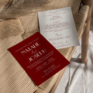 Invitación Elegante Boda Todo en Uno de Rojo Oscuro y Blanco 