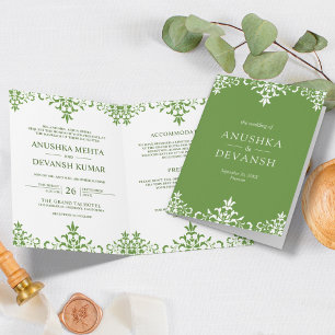 Invitación Elegante boda tradicional india en verde damasco