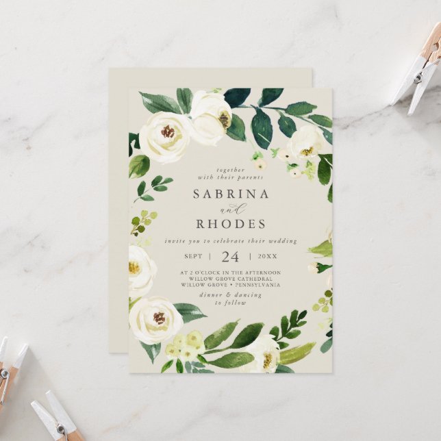 Invitación Elegante Boda trasero de champán floral blanco (Anverso/Reverso In Situ)