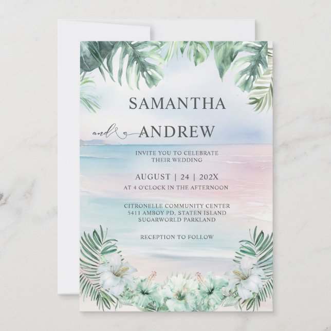 Invitación Elegante Boda Tropical Acuarela (Anverso)