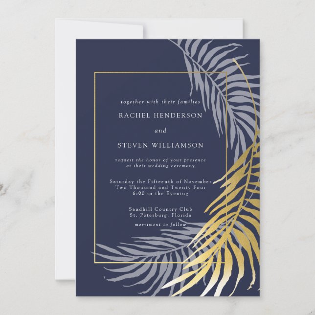 Invitación Elegante Boda tropical azul oscuro y blanco (Anverso)