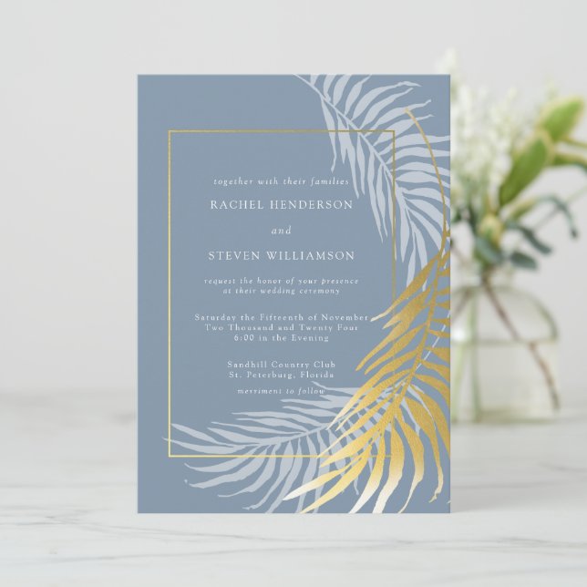 Invitación Elegante Boda tropical azul y blanco (Anverso de pie)