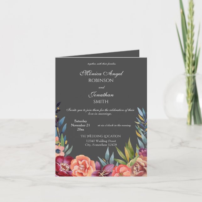 Invitación Elegante Boda tropical borgoña gris doblado (Anverso)