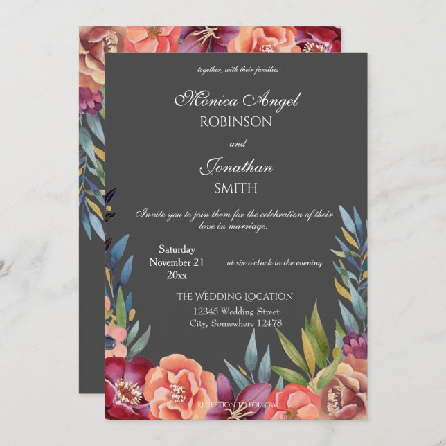Invitación Elegante Boda tropical Borgoña y gris Rubor V2 (Anverso / Reverso)