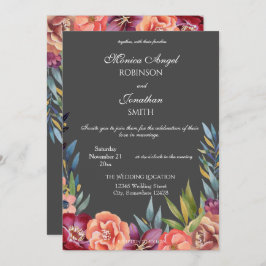 Invitación Elegante Boda tropical Borgoña y gris Rubor V2