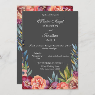 Invitación Elegante Boda tropical Borgoña y gris Rubor V2
