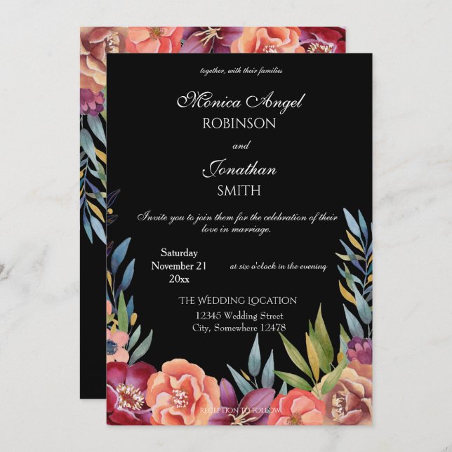 Invitación Elegante Boda Tropical Borgoña y Negro Rubor V2 (Anverso / Reverso)