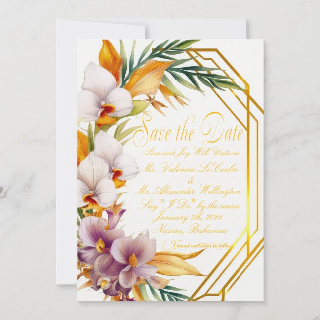 Invitación Elegante boda tropical de destino guardar la fecha (Anverso)