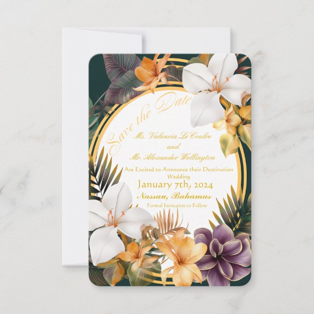 Invitación Elegante boda tropical de destino guardar la fecha (Anverso)