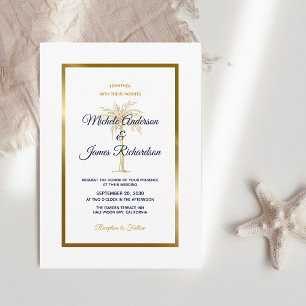 Invitación Elegante Boda Tropical de la Marina de Oro Blanco