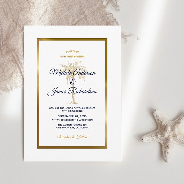 Invitación Elegante Boda Tropical de la Marina de Oro Blanco (Subido por el creador)