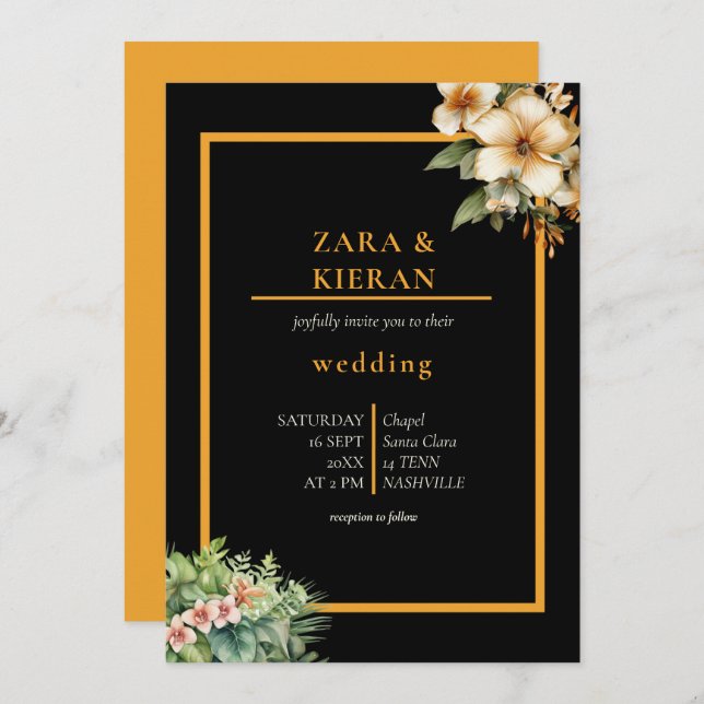 Invitación Elegante Boda Tropical de Oro Floral (Anverso / Reverso)