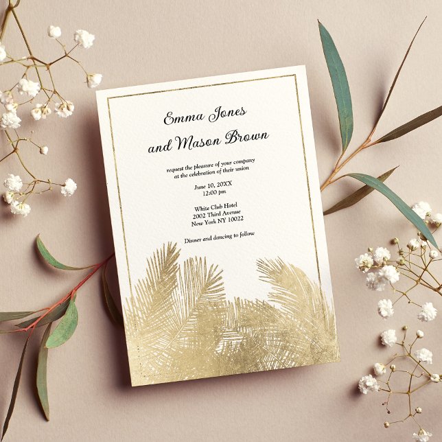 Invitación Elegante Boda tropical de palmera dorada blanca (Elegant white gold palm tree tropical Wedding )
