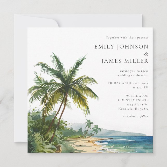 Invitación Elegante Boda Tropical de Playa con Acuarela (Anverso)