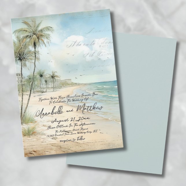 Invitación Elegante Boda Tropical de Playa Vintage (Elegant Vintage Tropical Beach Wedding Invitation)