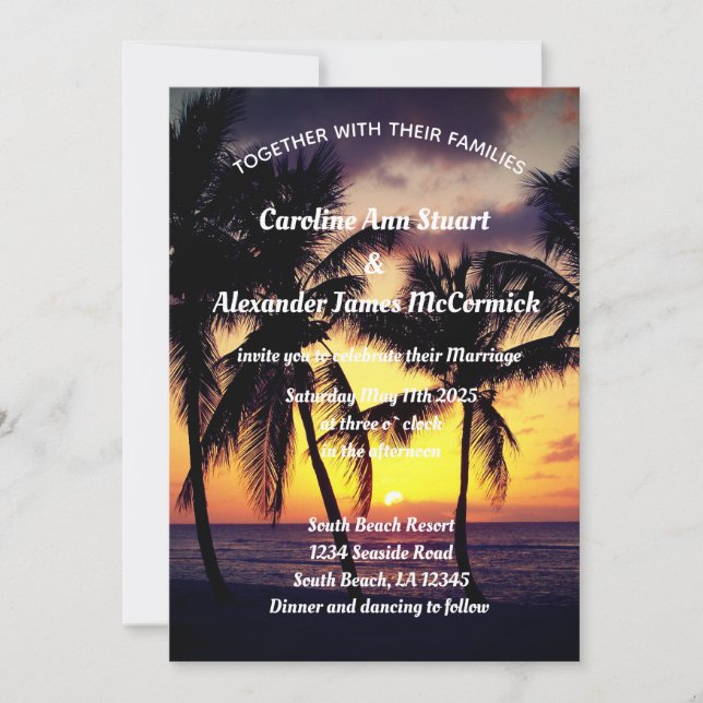 Invitación Elegante Boda tropical de verano de Sunset Beach (Anverso)