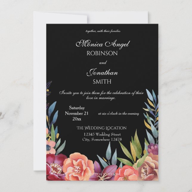 Invitación Elegante Boda tropical floral negro (Anverso)